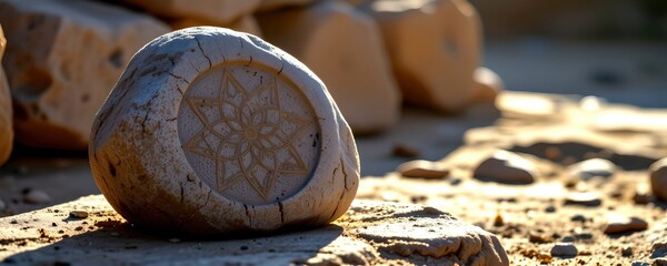 Engraved Stone with Intricate Design in Sunlit Natural Setting