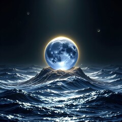 Ethereal Sphere of Light Above Glimmering Waves Under Moonlit Sky