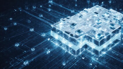 Abstract digital rendering of a layered structure with connected glowing lines and squares