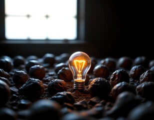 Glowing Light Bulb Illuminating Dark Surface with Natural Elements