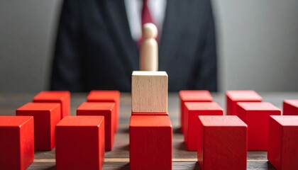 Business figure behind red blocks and central wooden pawn on table.