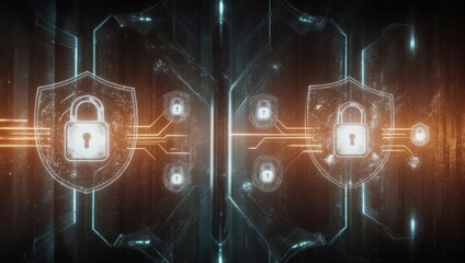 Digital security concept with shields, locks, and interconnected lines. Orange and blue tones