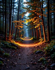 Serene Forest Pathway Illuminated by Soft Light at Twilight