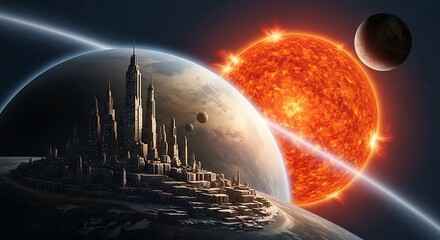 Cosmic Citadel on a Ringed World Bathed in the Fiery Glow of a Red Giant Star.