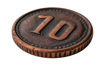 Patinated, copper coin featuring the numeral '10', textured edge