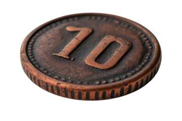 Patinated, copper coin featuring the numeral '10', textured edge