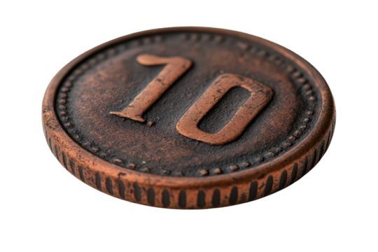 Patinated, copper coin featuring the numeral '10', textured edge