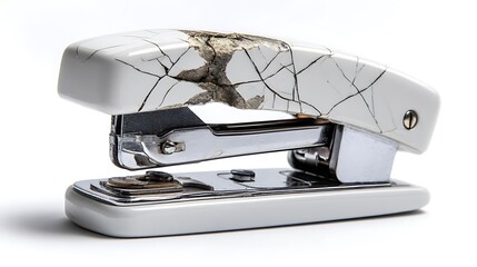 Close up of a broken white stapler with cracks on a white background