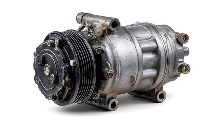 Close up shot of a car ac compressor on a white background in studio light