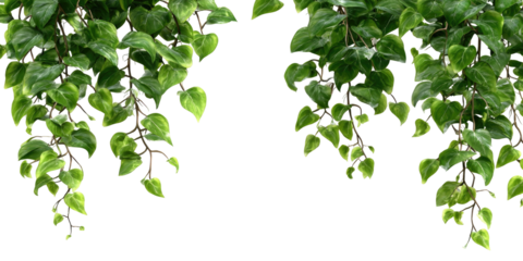 Digitally enhanced, vibrant green leaves hang downward from thin brown branches against a black background