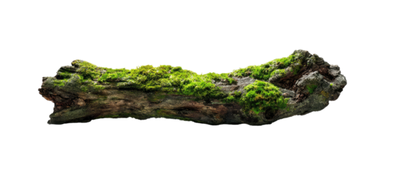 A moss-covered log rests against a stark black backdrop, showcasing textures and natural colors