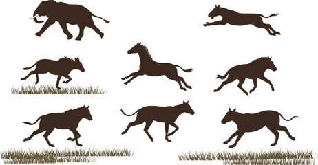 Silhouette animals running vector illustration, horses galloping sequence with elephant walking, wildlife motion design, nature movement concept, animal locomotion study art