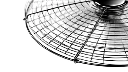 Close up of a metal fan guard with a white background in monochrome style