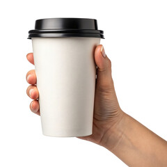 Hand Holding a Plain White Paper Coffee Cup with Black Lid – Takeaway Beverage Mockup