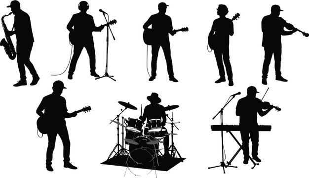 Silhouette music band performing vector illustration, musicians playing instruments, concert stage design, jazz rock performance concept, orchestra ensemble entertainment art