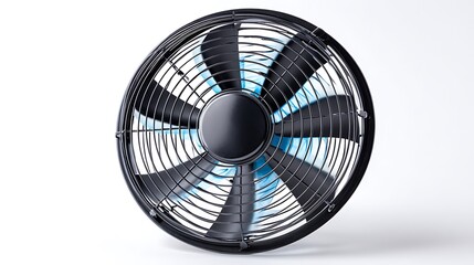 A close up view of a black metal fan with blue light behind the blades
