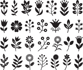 Collection of Black Silhouette Floral and Leaf Motifs on White Background flower plant