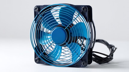 Close up shot of a blue and black computer fan on a white background