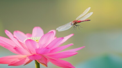 Pink Lotus Flower with Dragonfly Hovering in Soft Natural Light