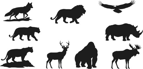 Wild animal silhouettes vector illustration, predator and herbivore icons, nature wildlife design, jungle creature artwork, black animal shapes, stock image