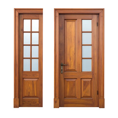 Two wooden doors, one with side panel. Both feature glass panels, detailed frames
