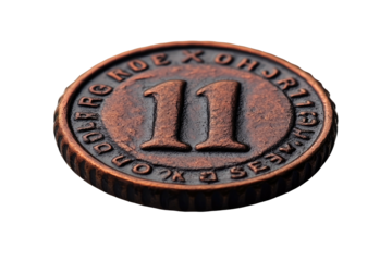 Brown coin features embossed number 11 and archaic text