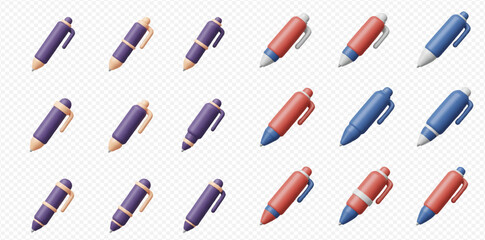 Collection of colorful pens in various styles and colors on a transparent background.