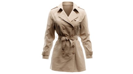 A beige trench coat with a belt tied around the waist on a white background