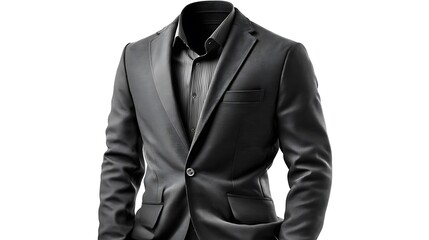 A black suit jacket and shirt on a white background in a studio shot