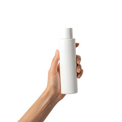 Hand Holding a White Plastic Bottle – Blank Cosmetic or Lotion Packaging Mockup Isolated on White