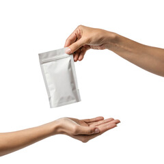 Two Hands Exchanging a Small White Resealable Pouch – Product Packaging and Delivery Concept