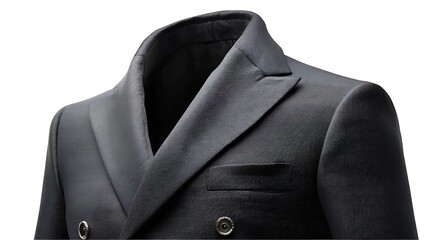 A close up shot of a dark grey double breasted suit jacket on white backdrop