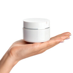 Hand Presenting Small White Cosmetic Jar – Minimal Skincare Product Packaging Mockup on White Background
