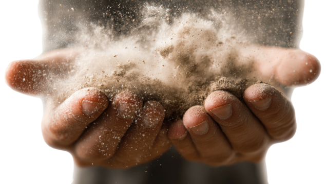 Close-up of cupped hands holding a cloud of fine, light-colored particles