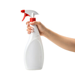 Hand Holding White Spray Bottle with Red Nozzle – Cleaning and Sanitizing Concept Isolated on White