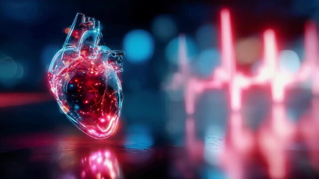 Digital transparent heart with glowing ECG heartbeat line, representing medical innovation, cardiology, and life science