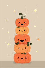 Fototapeta premium Pumpkin party card with kawaii jack-o-lantern stack, each pumpkin showing different cute expressions vector illustration