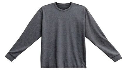 A heather gray long sleeved shirt laid flat on a white background studio