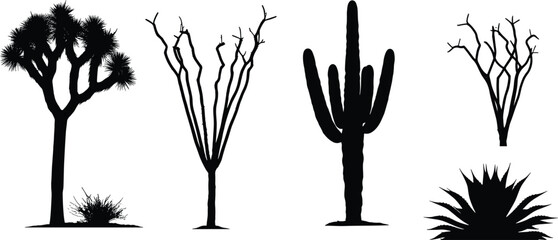 Desert plant silhouettes, cactus agave ocotillo Joshua tree, arid vegetation artwork, black botanical illustration, nature plant design, cad drawing flat vector illustration