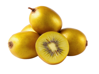 Group of golden kiwi fruits, one sliced open, on a black background