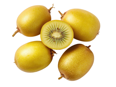 Group of golden kiwis, one sliced open to reveal its textured flesh and seeds