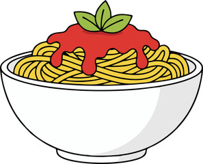 Vector Spaghetti Bowl – Simple Cartoon Pasta with Tomato Sauce and Basil, Easy Tracing Illustration