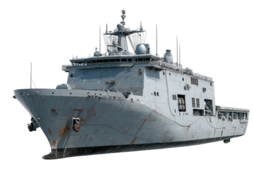 Grey military vessel with radar masts and multiple decks set against a black background