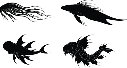 Fantasy sea creature silhouettes, mythical ocean animals, aquatic monster artwork, marine fantasy illustration, black silhouette design, cad drawing flat vector illustration © VectoBloom