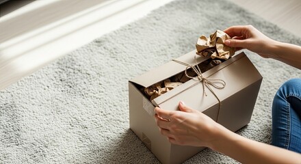 Hands wrapping a gift box with twine and paper on a carpeted floor