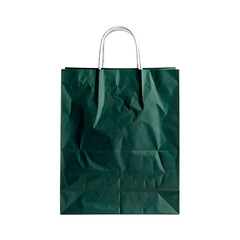 A dark green paper bag, wrinkled, with silver metal handles, sits isolated on black background