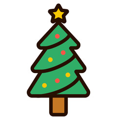 Christmas tree vector illustration. Christmas tree with baubles and a star on top in colored outline style.
