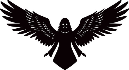 Dark angel silhouette with large spreading wings and ethereal face