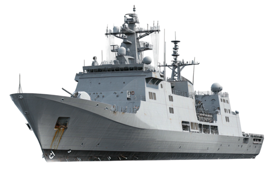 Modern warship, grey hull and superstructure, bristling with antennas, radar, and weaponry