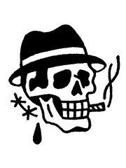 Gangster Skull Fedora Cigar Smoke Old School Tattoo Flash Art